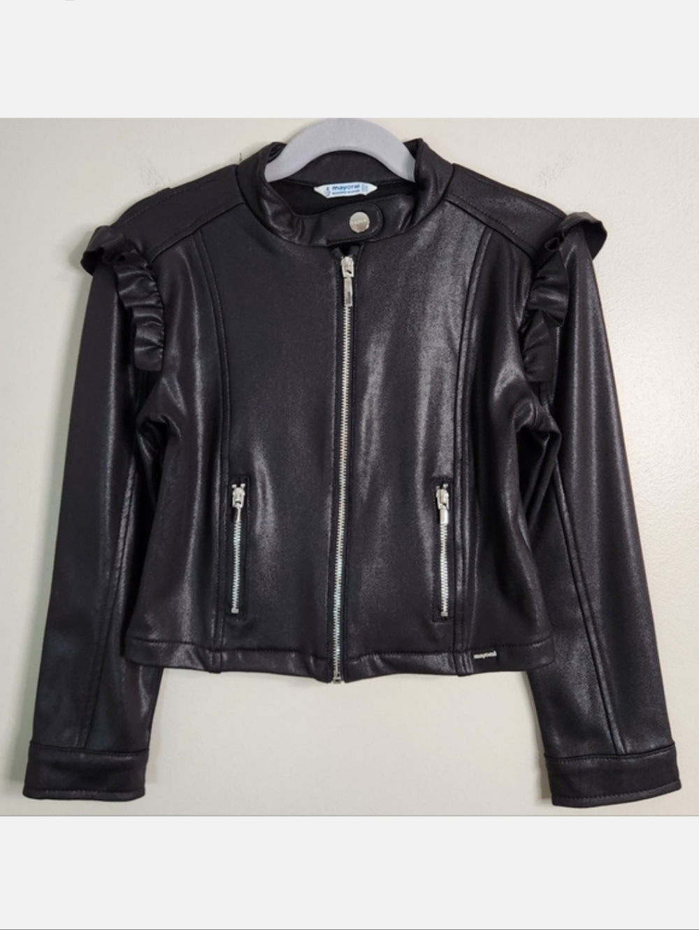 Mayoral Faux Leather Front Zip Jacket - Black, Size 4-6 ~ EUC